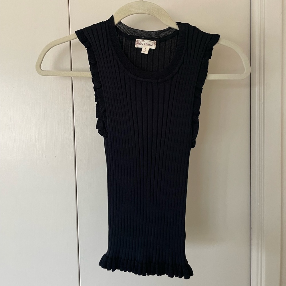 Hem & Thread Black Ribbed Ruffle Trim Tank Top NWOT Boho Textured S